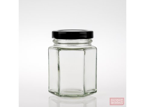 110ml Hexagonal Clear Glass Food Jar with 48mm Black Twist Cap