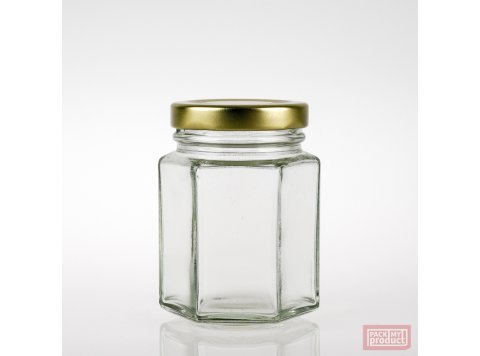110ml Hexagonal Clear Glass Food Jar with 48mm Gold Twist Cap