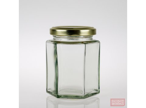190ml Hexagonal Clear Glass Food Jar with 58mm Gold Twist Cap