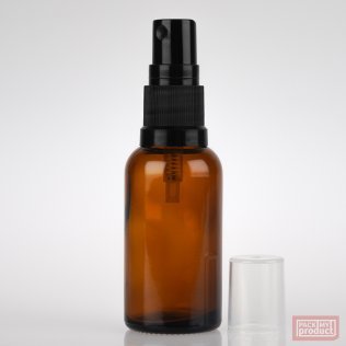30ml Amber Glass Pharmacy Bottle with Black Atomiser & Clear Overcap