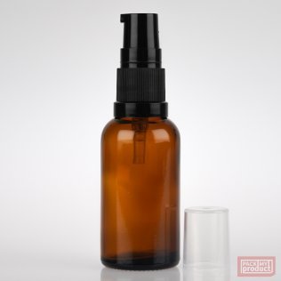 30ml Amber Glass Pharmacy Bottle with Black Serum Pump and Clear Overcap