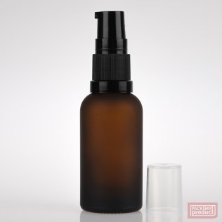 30ml Frosted Amber Glass Pharmacy Bottle with Black Serum Pump and Clear Overcap