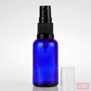 30ml Blue Glass Pharmacy Bottle with Black Atomiser and Clear Overcap