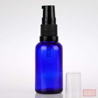30ml Blue Glass Pharmacy Bottle with Black Serum Pump and Clear Overcap