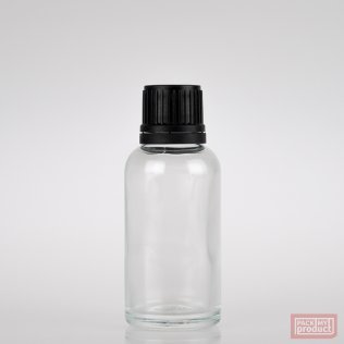 30ml Clear Glass Pharmacy Bottle with Black Tamper Cap