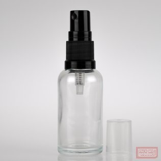 30ml Clear Glass Pharmacy Bottle with Black Atomiser and Clear Overcap