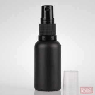 30ml Matt Black Glass Pharmacy Bottle with Black Atomiser and Clear Overcap
