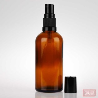 100ml Amber Glass Pharmacy Bottle with Black Atomiser and Solid Black Overcap