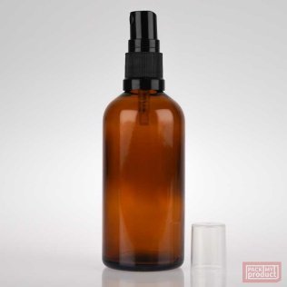 100ml Amber Glass Pharmacy Bottle with Black Atomiser and Clear Overcap