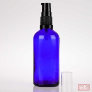 100ml Blue Glass Pharmacy Bottle with Black Serum Pump and Clear Overcap