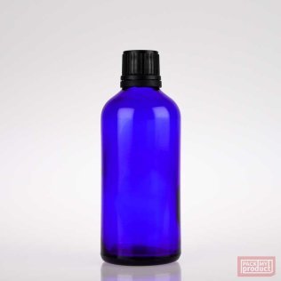 100ml Blue Glass Pharmacy Bottle with Black Tamper Cap