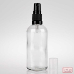 100ml Clear Glass Pharmacy Bottle with Black Atomiser and Clear Overcap