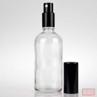 100ml Clear Glass Pharmacy Bottle with Shiny Black Atomiser and Shiny Black Overcap