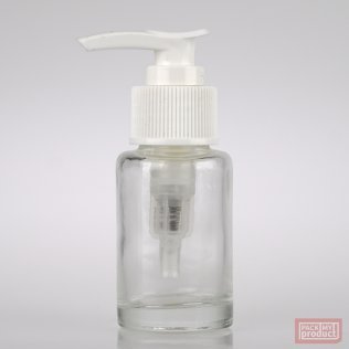 30ml Clear Glass Round Bottle with White Locking Lotion Pump and Clear Overcap