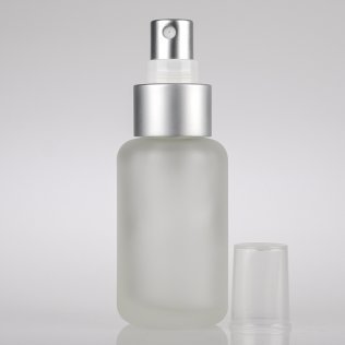 50ml Frosted Glass Round Bottle with Matt Silver Atomiser and Clear Overcap