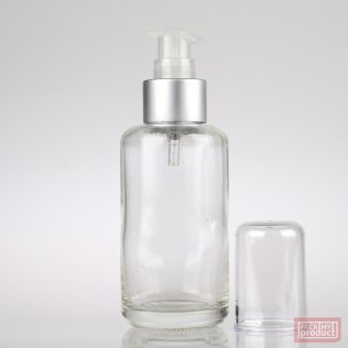 100ml Clear Glass Round Bottle with Matt Silver Lotion Pump and Clear Overcap