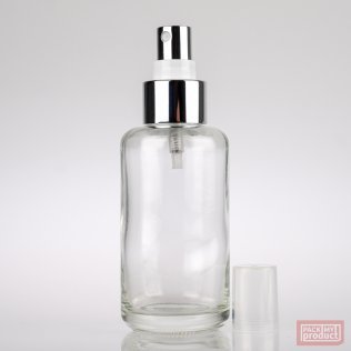 100ml Clear Glass Round Bottle with Shiny Silver Atomiser and Clear Overcap