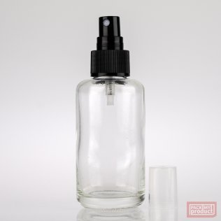 100ml Clear Glass Round Bottle with Black Atomiser and Clear Overcap