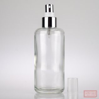 200ml Clear Glass Round Bottle with Shiny Silver Atomiser and Clear Overcap