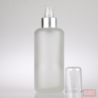 200ml Frosted Glass Round Bottle with Matt Silver Lotion Pump