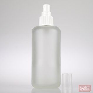 200ml Frosted Glass Round Bottle with White Atomiser and Clear Overcap