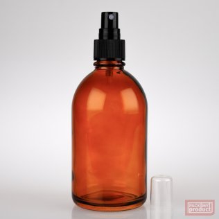 French Pharmacy Bottle Amber Coloured Glass with Black Atomiser and Clear Overcap