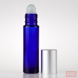 10ml Blue Glass Roll-on Bottle with Glass Ball and Matt Silver Cap