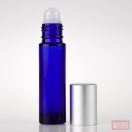 10ml Blue Glass Roll-on Bottle with Plastic Ball and Matt Silver Cap