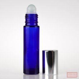 10ml Blue Glass Roll-on Bottle with Glass Ball and Shiny Silver Cap
