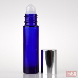10ml Blue Glass Roll-on Bottle with Plastic Ball and Shiny Silver Cap