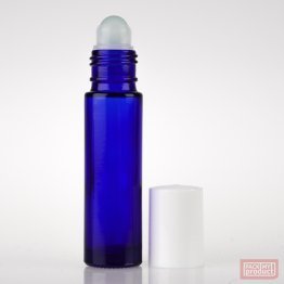 10ml Blue Glass Roll-on Bottle with Glass Ball and White Cap