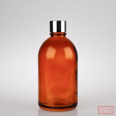 French Pharmacy Bottle Amber Coloured Glass with Shiny Silver Wadded Cap