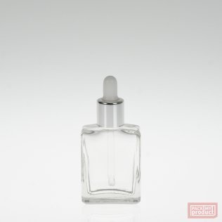15ml Clear Glass Rectangular Perfume Bottle and Shiny Silver Dropper with White Teat